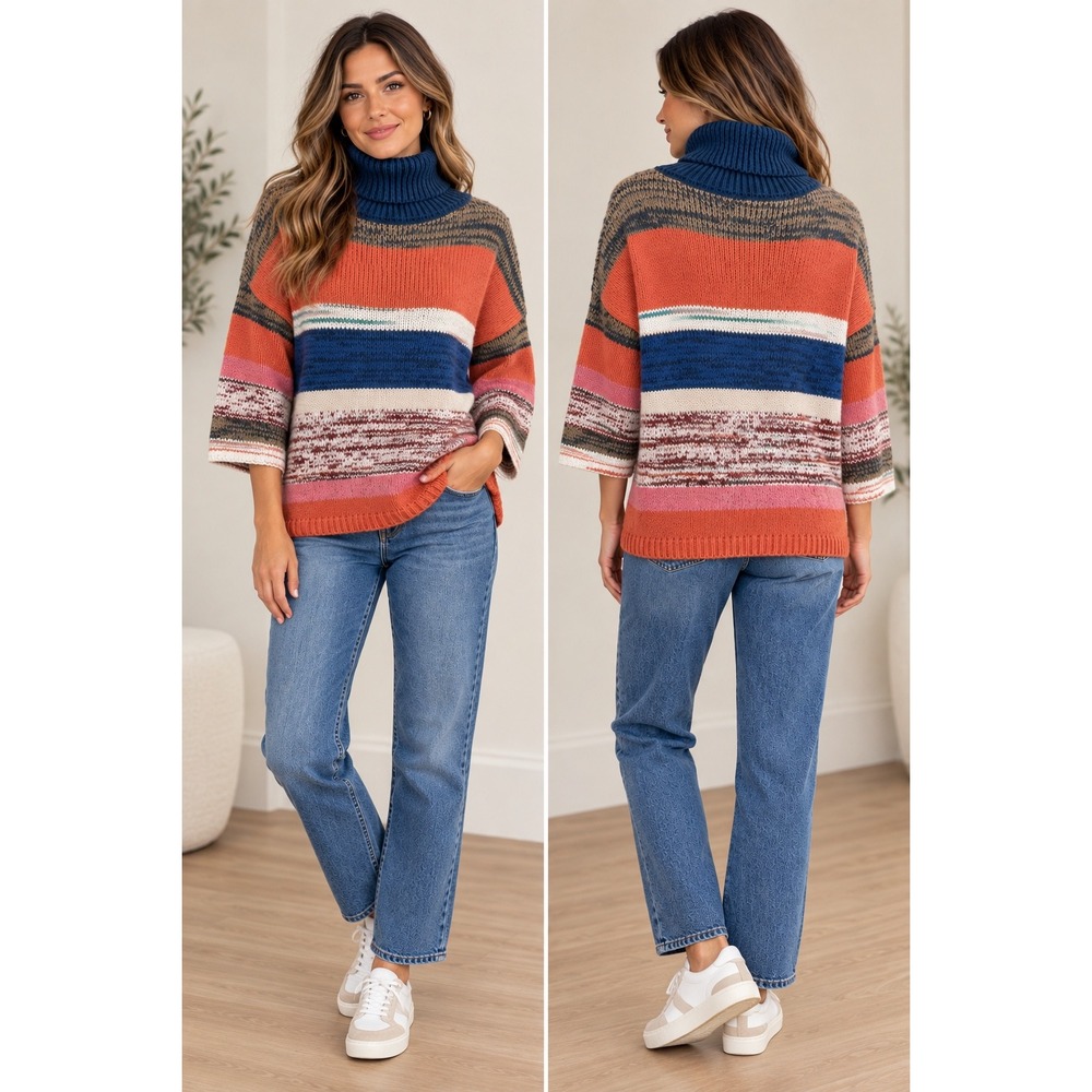 Knox Rose Striped Turtleneck Sweater Boho Multi Color Knit Pullover Medium